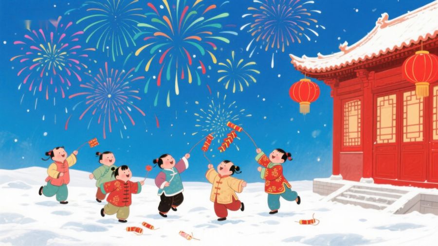 孩子们在雪中放鞭炮庆祝节日 300