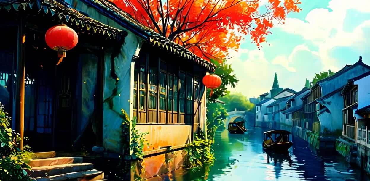 一条小船在水中缓缓划动。画面中展现了一个江南水乡的
