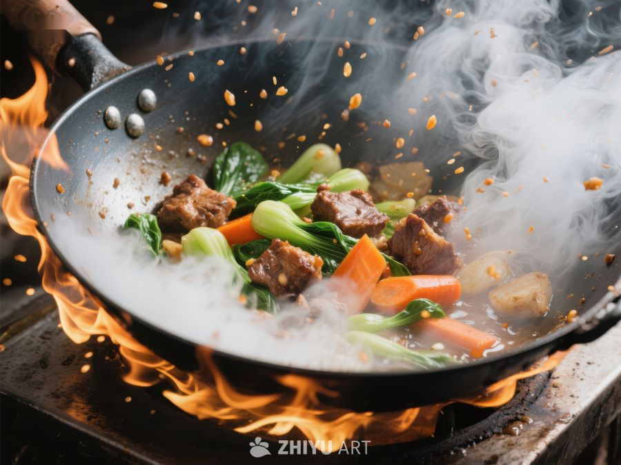 火焰翻炒中的美味中式菜肴 200