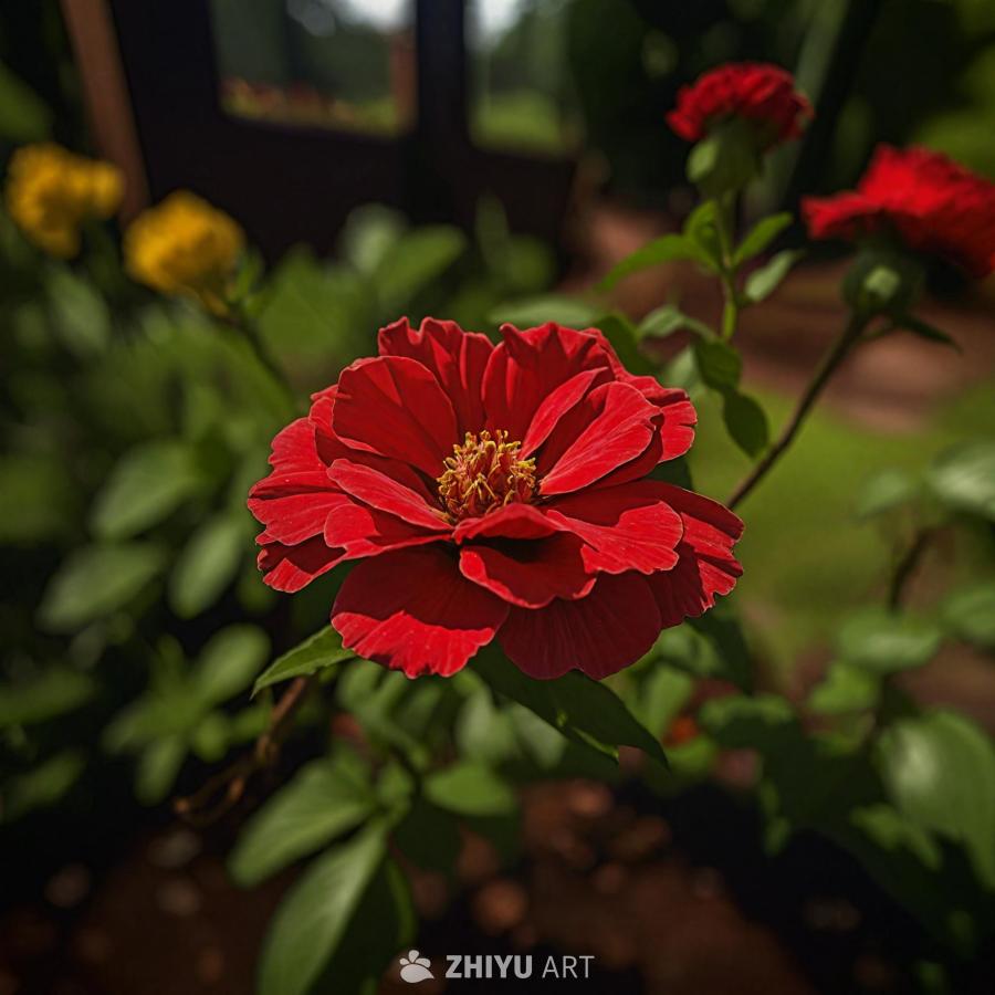 一个花园场景，特写镜头展示了一朵红色的花，可能是一