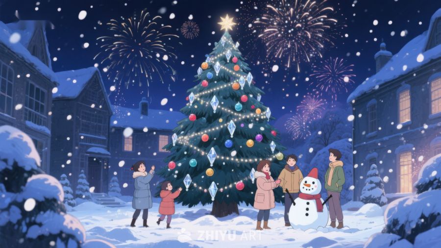 雪夜下的圣诞树与烟花 408