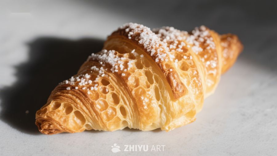 撒糖粉的金黄羊角面包