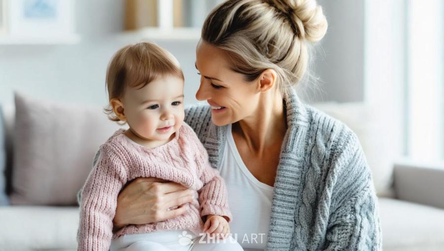 一个女人抱着一个婴儿。女人穿着灰色的开襟羊毛衫和白