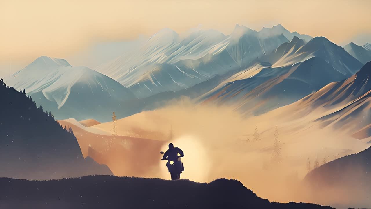 一个人骑着摩托车行驶在山地间，背景是连绵起伏的山脉