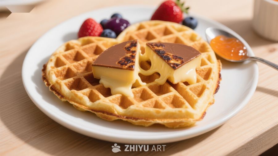 心形华夫饼配奶油和果酱