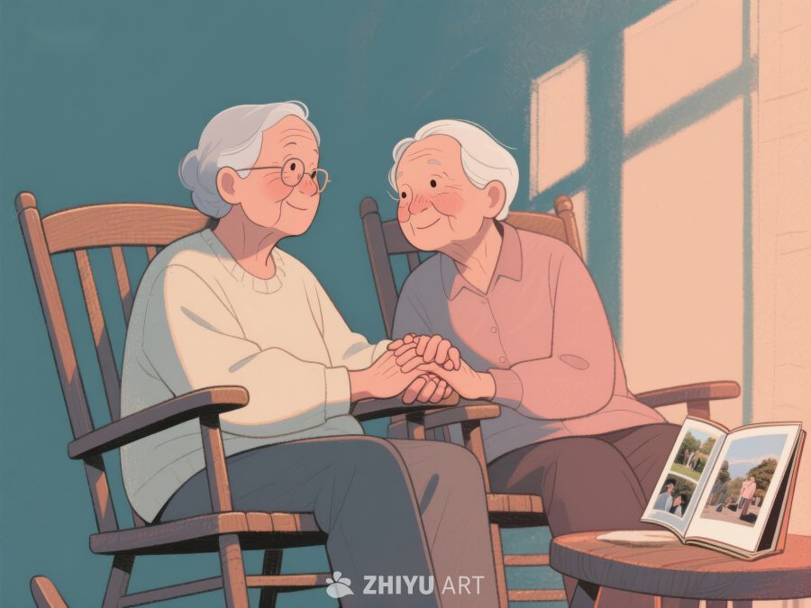 老夫妇手牵手，共赏相册时光 461