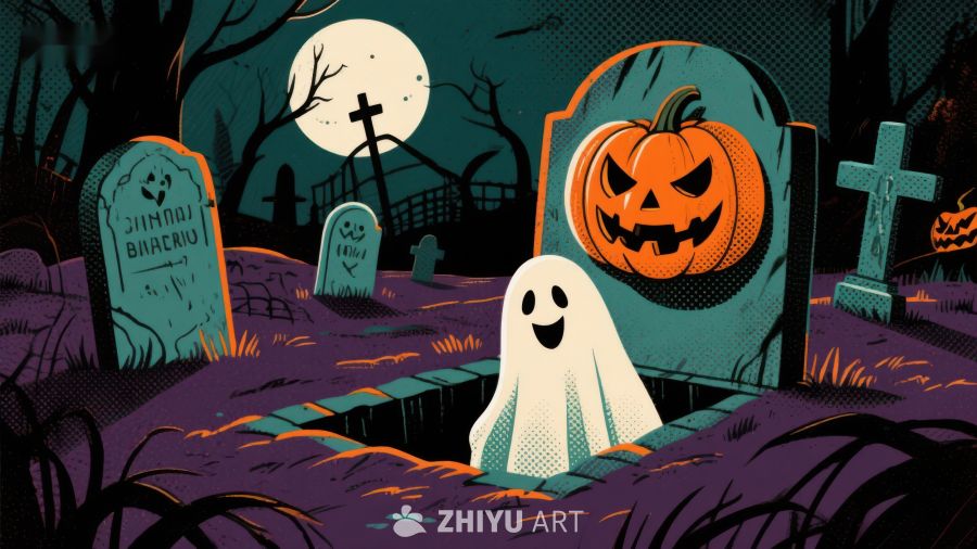 万圣夜墓地的南瓜与幽灵