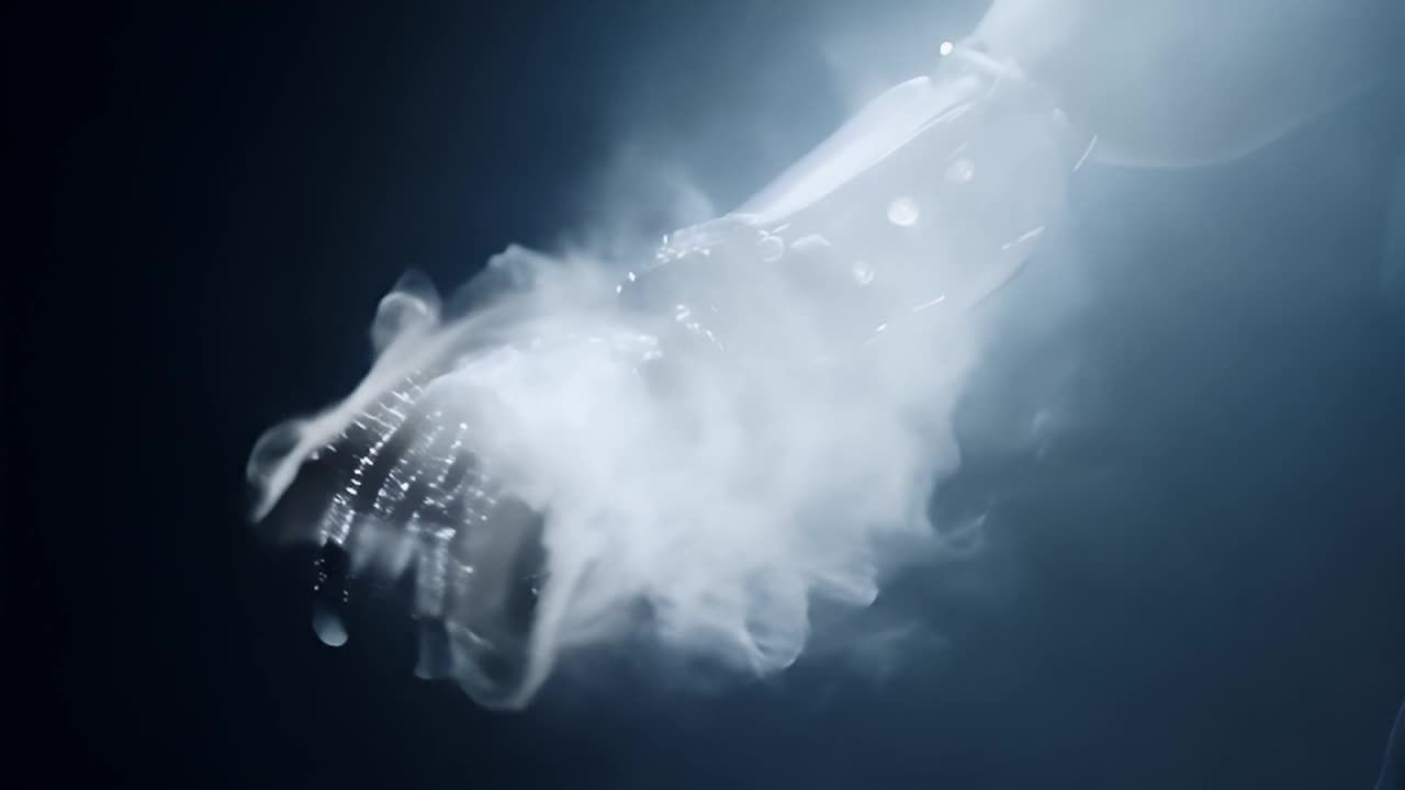 一个机械义肢从模糊的形态中显现，逐渐形成一个细节丰