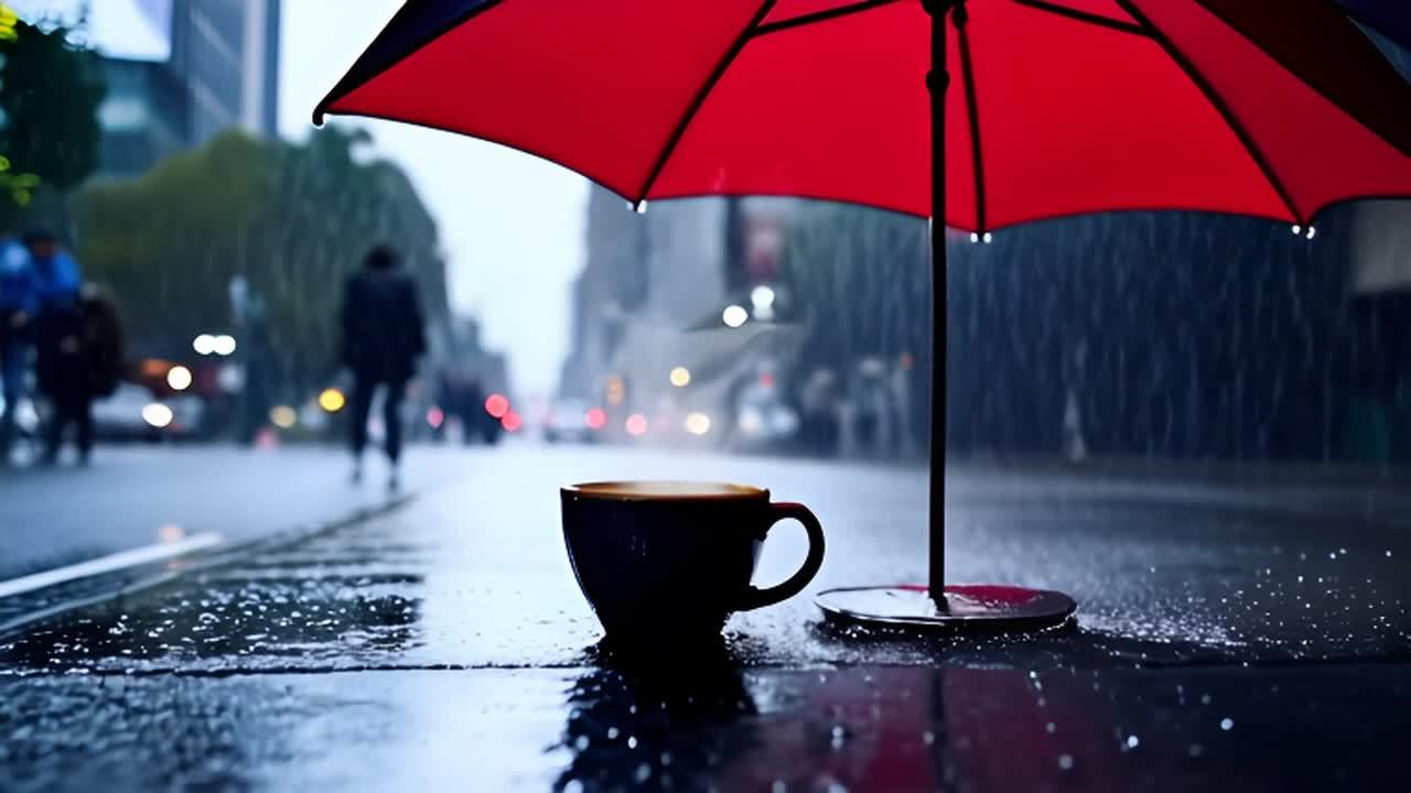 一把红色雨伞遮挡着一杯热咖啡，雨水猛烈地拍打在湿漉