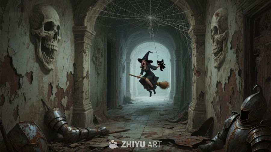 巫师飞过幽暗古堡走廊