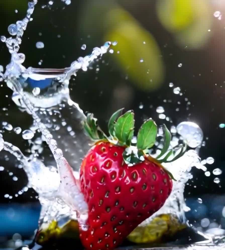 草莓落水激起浪花飞溅