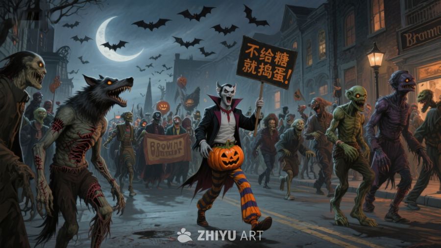 万圣节僵尸游行，手持标语南瓜灯