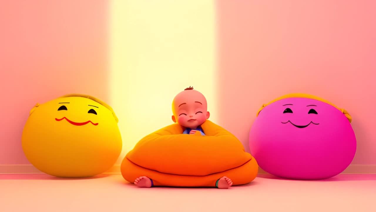 一个光头儿童睡在橙色的睡袋上，他脚的两侧分别放着两