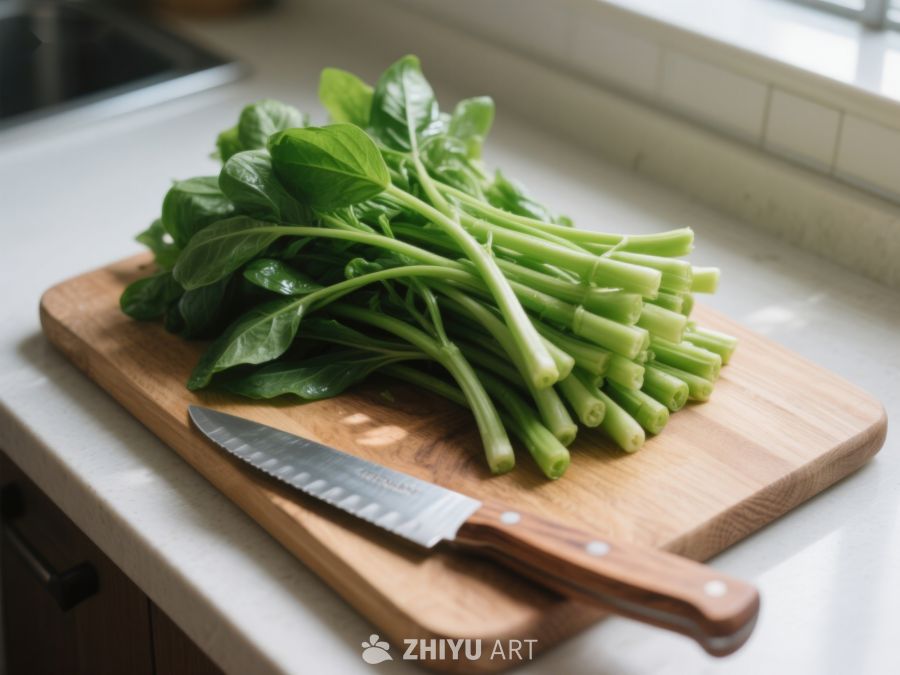 新鲜绿叶蔬菜置于砧板上 483