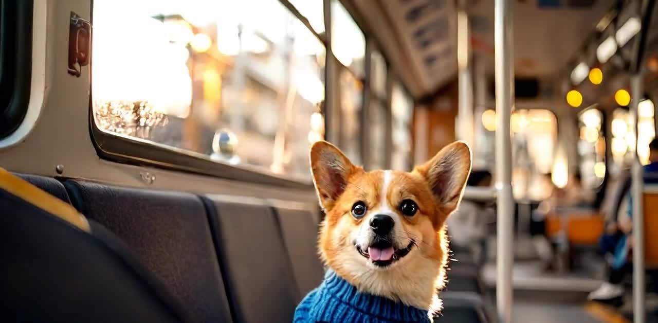 公交车上穿毛衣的可爱柯基犬