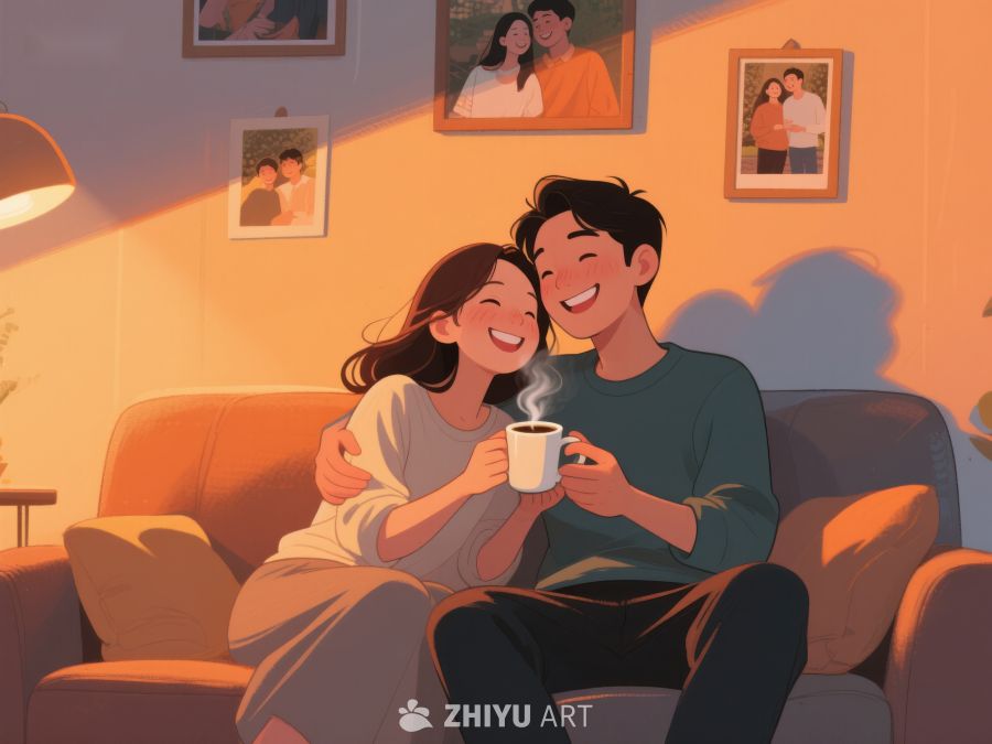 温馨夜晚，情侣共饮热茶 902