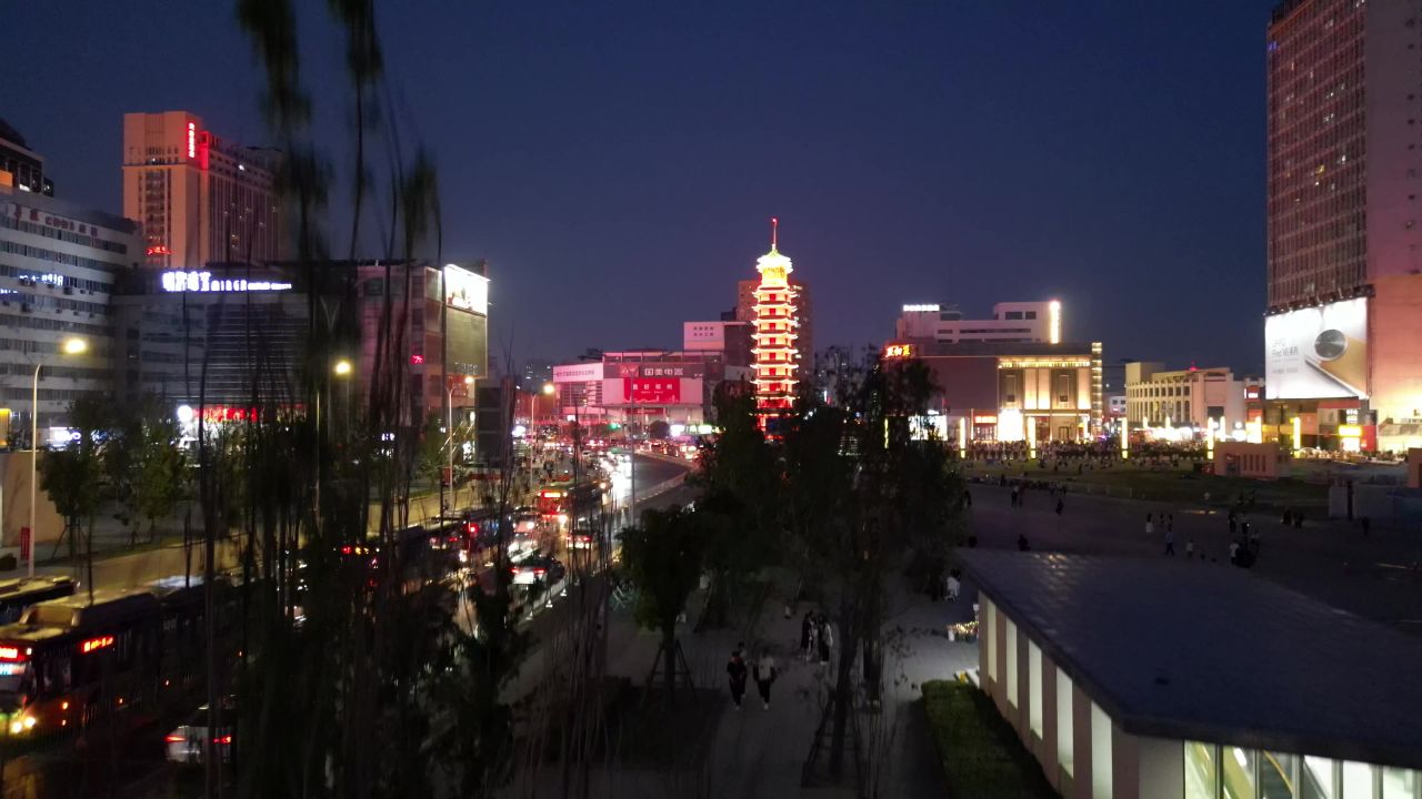 河南郑州城市交通夜幕降临航拍