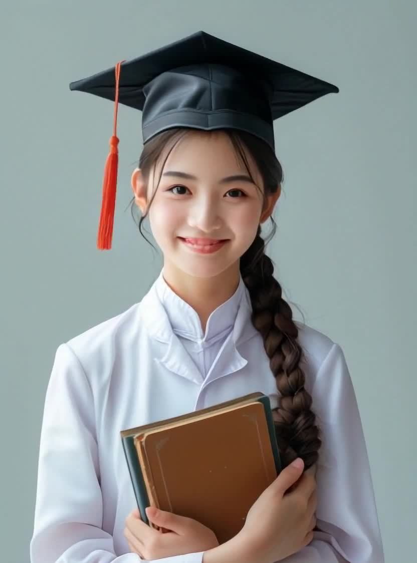 戴学士帽的年轻女孩，手捧书本面带微笑。