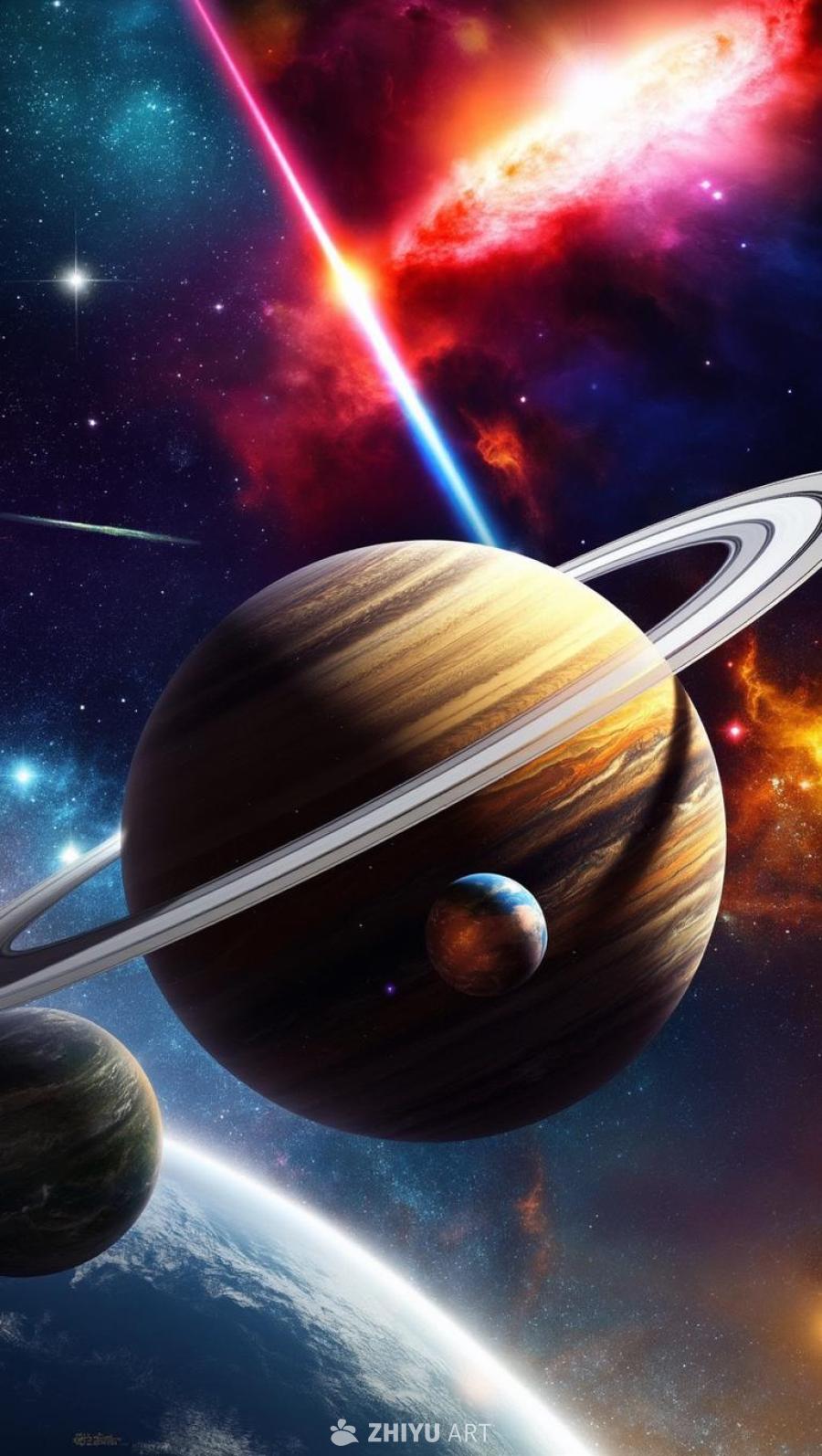 深蓝色星空背景下，一颗带有光环的土星状星球悬浮，星
