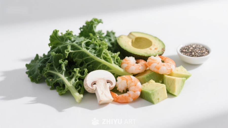 新鲜食材组合：蔬菜虾仁与牛油果