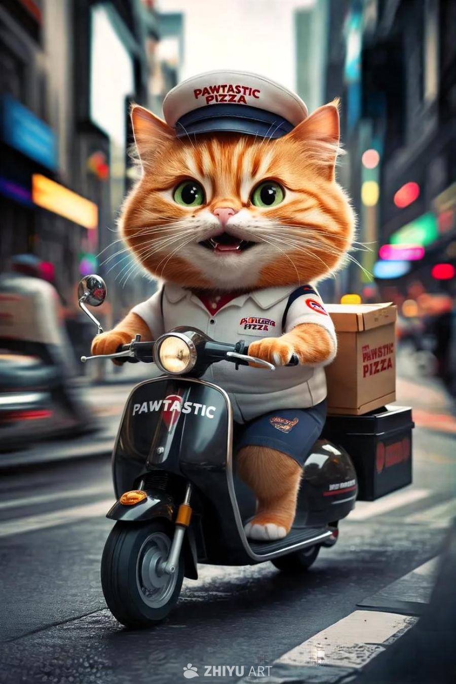 一只橘色的猫，面带微笑，脸庞略圆，长着大大的绿色眼