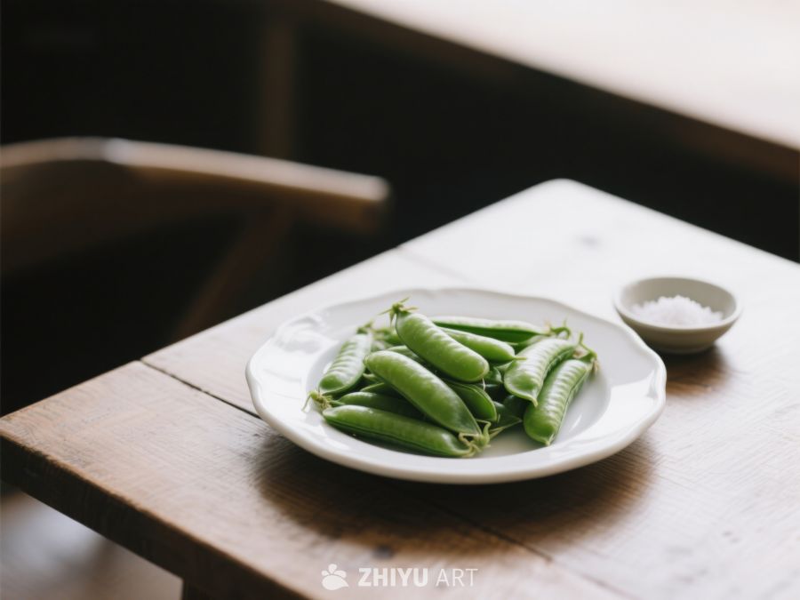 新鲜豌豆荚置于木质桌上的静谧场景 542