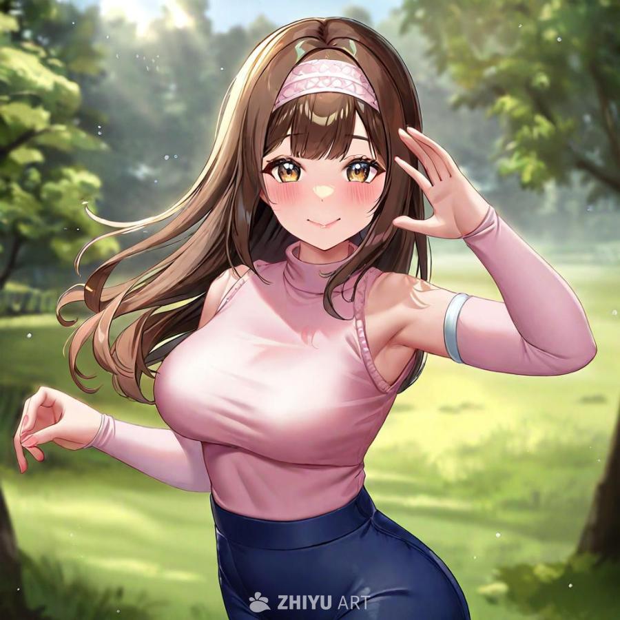 一个女孩，留着棕色的直发，戴着浅粉色的发带，穿着浅