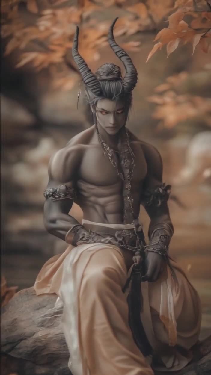 黑角恶魔坐于石上，秋日暖阳，手持流苏饰品。