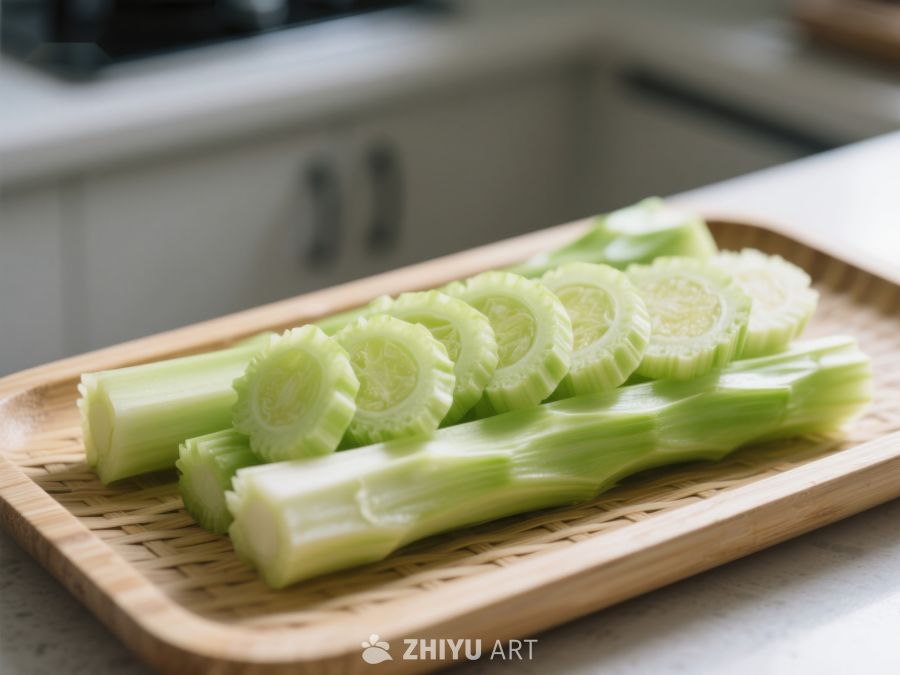 切片芹菜置于竹制砧板上 327