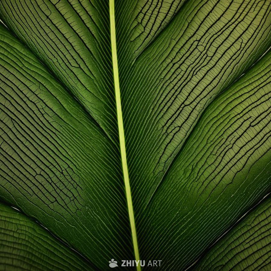 一片大型的、绿色的叶状植物，有一条明显的叶脉贯穿中