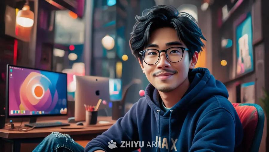 一位黑发凌乱、戴着眼镜，身穿休闲帽衫和牛仔裤的年轻