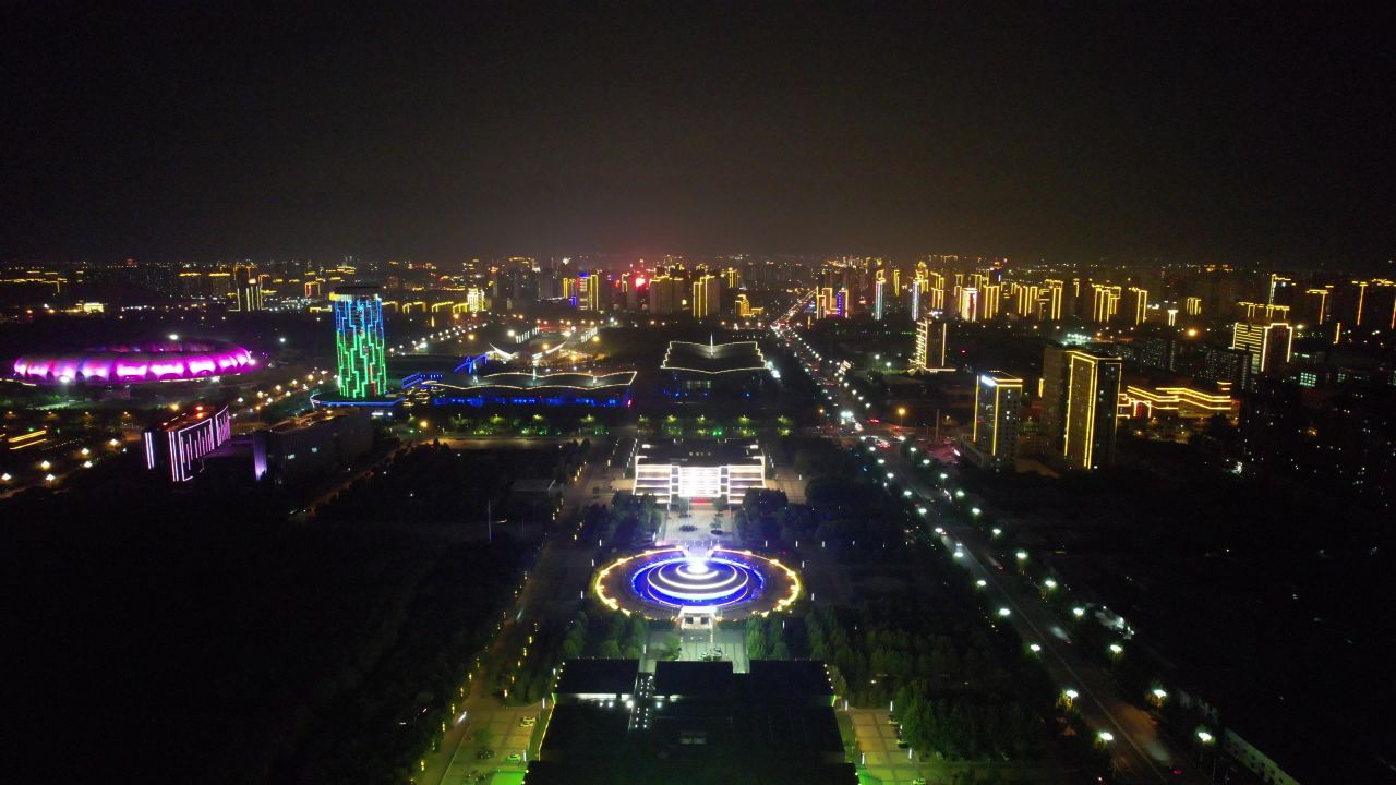 河北沧州城市夜景灯光航拍
