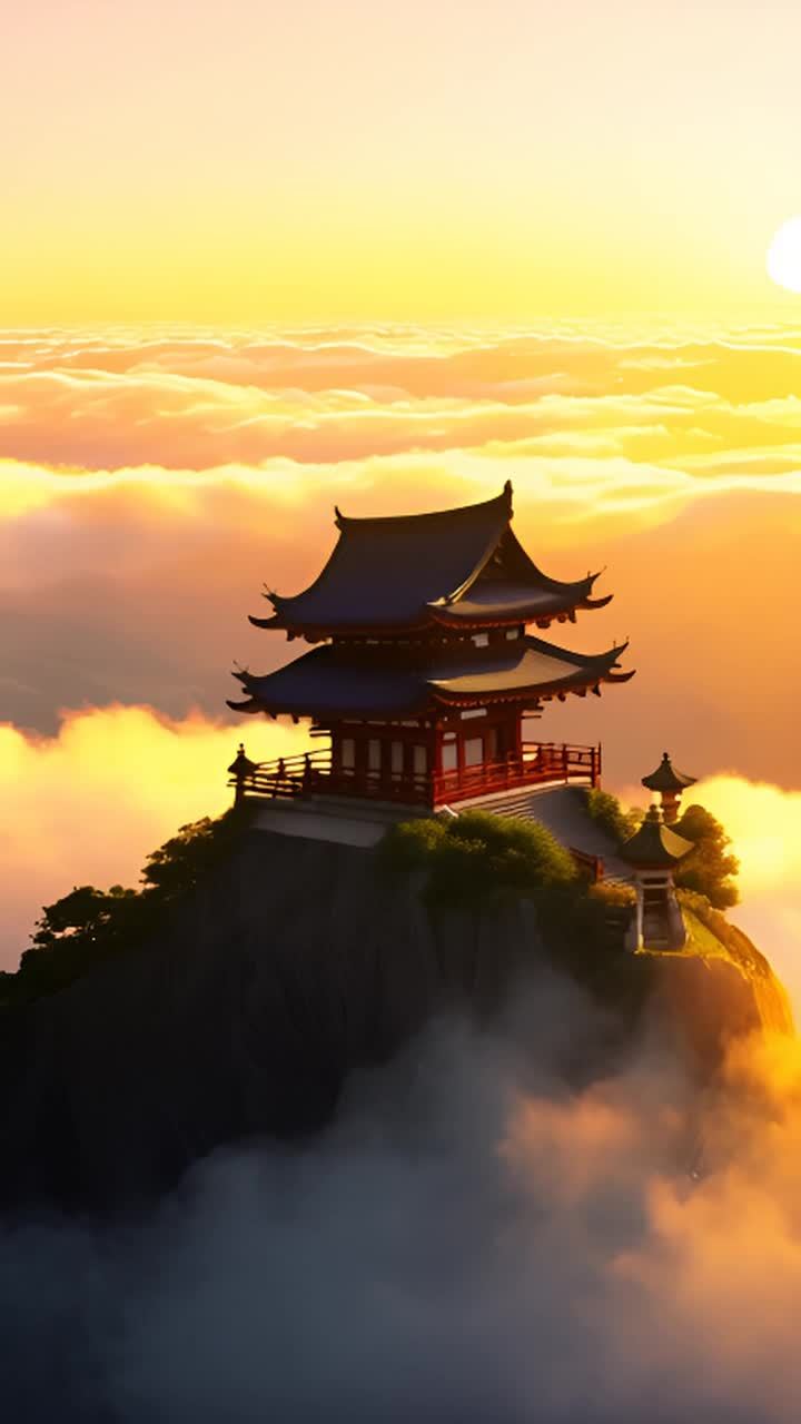 山顶上有一座传统的日本寺庙，被云层环绕，风景壮观。