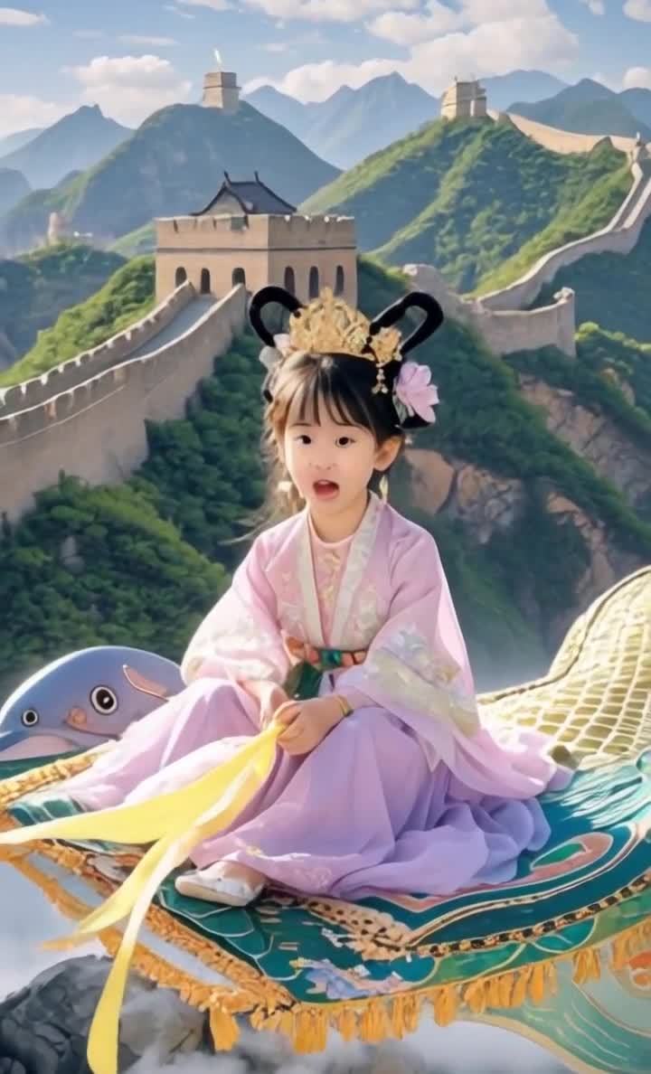 一个小女孩坐在飞毯上，她穿着粉色的汉服，头戴装饰有