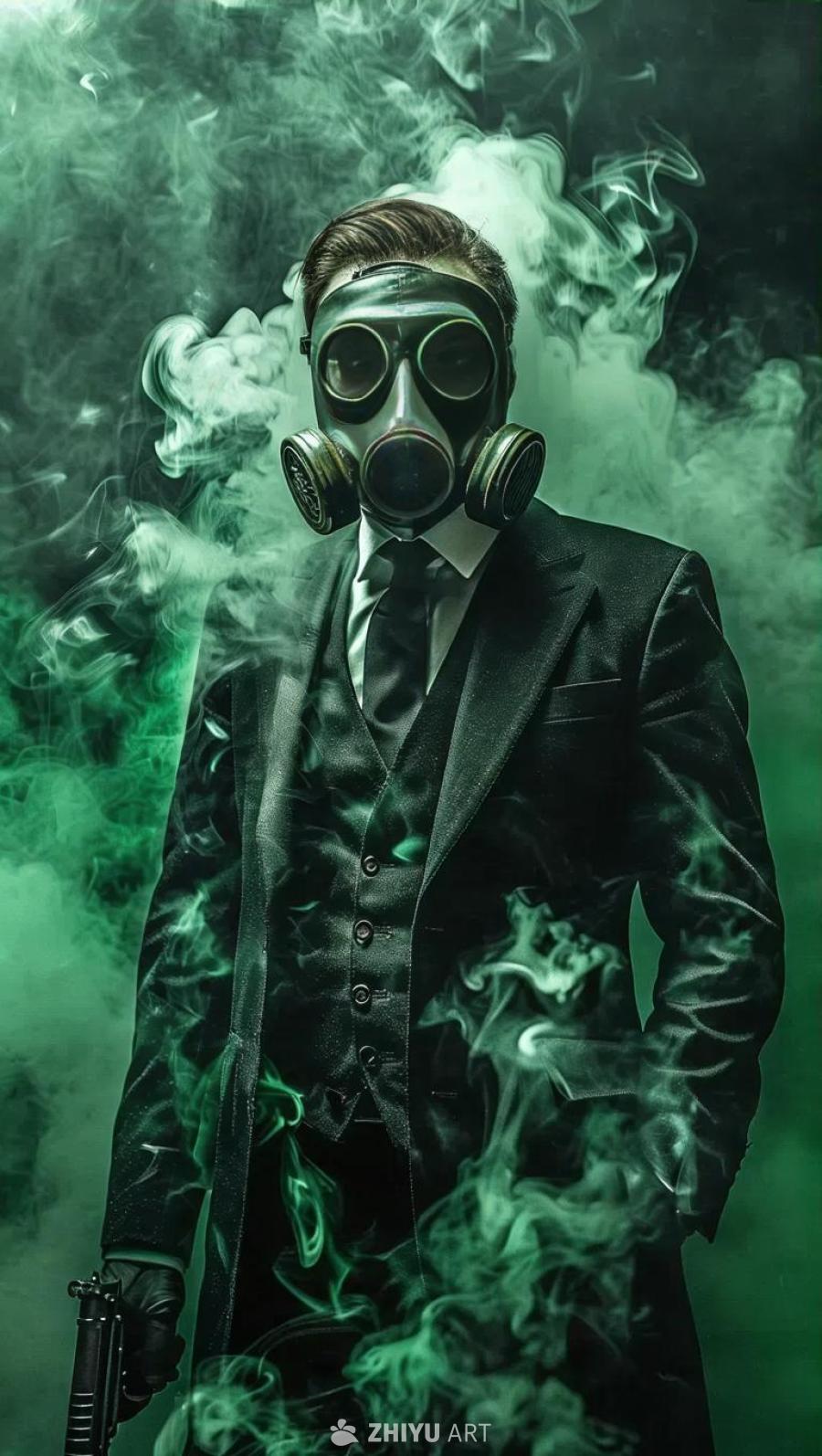 一个穿着黑色西装，戴着防毒面具的男人站在绿色的烟雾