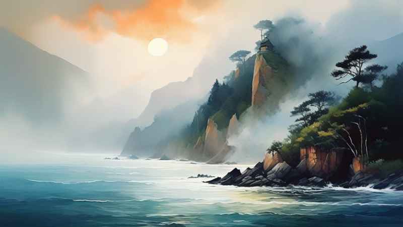 雾气缭绕水墨山水画简约风格 16