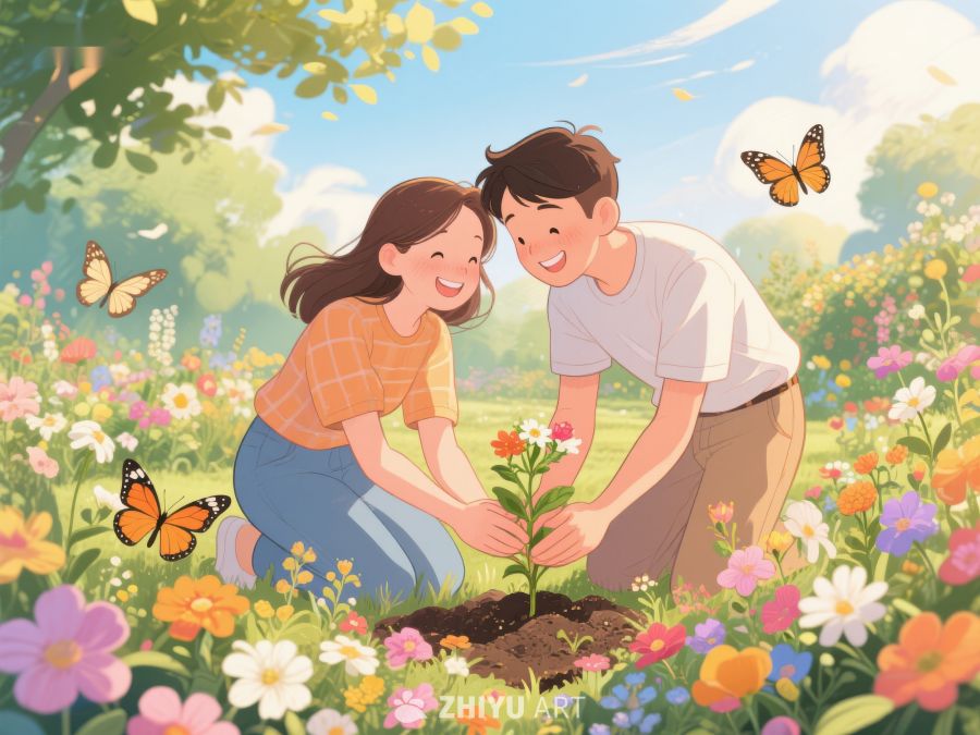 两人花园中共同种植小树 467
