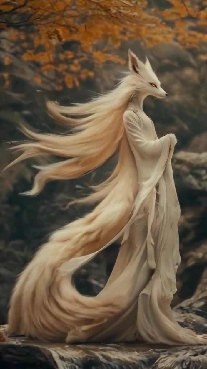 白狐仙人伫立山林，长发飘逸，眼神神秘。