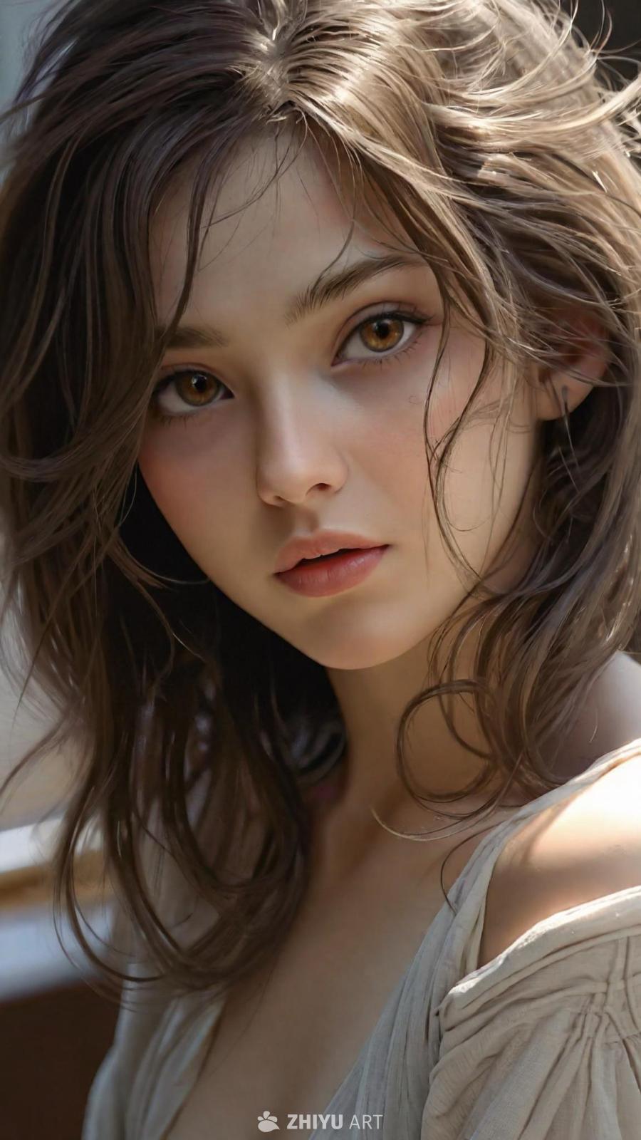 一名20多岁的女性，拥有棕色的眼睛，脸上带着些许红