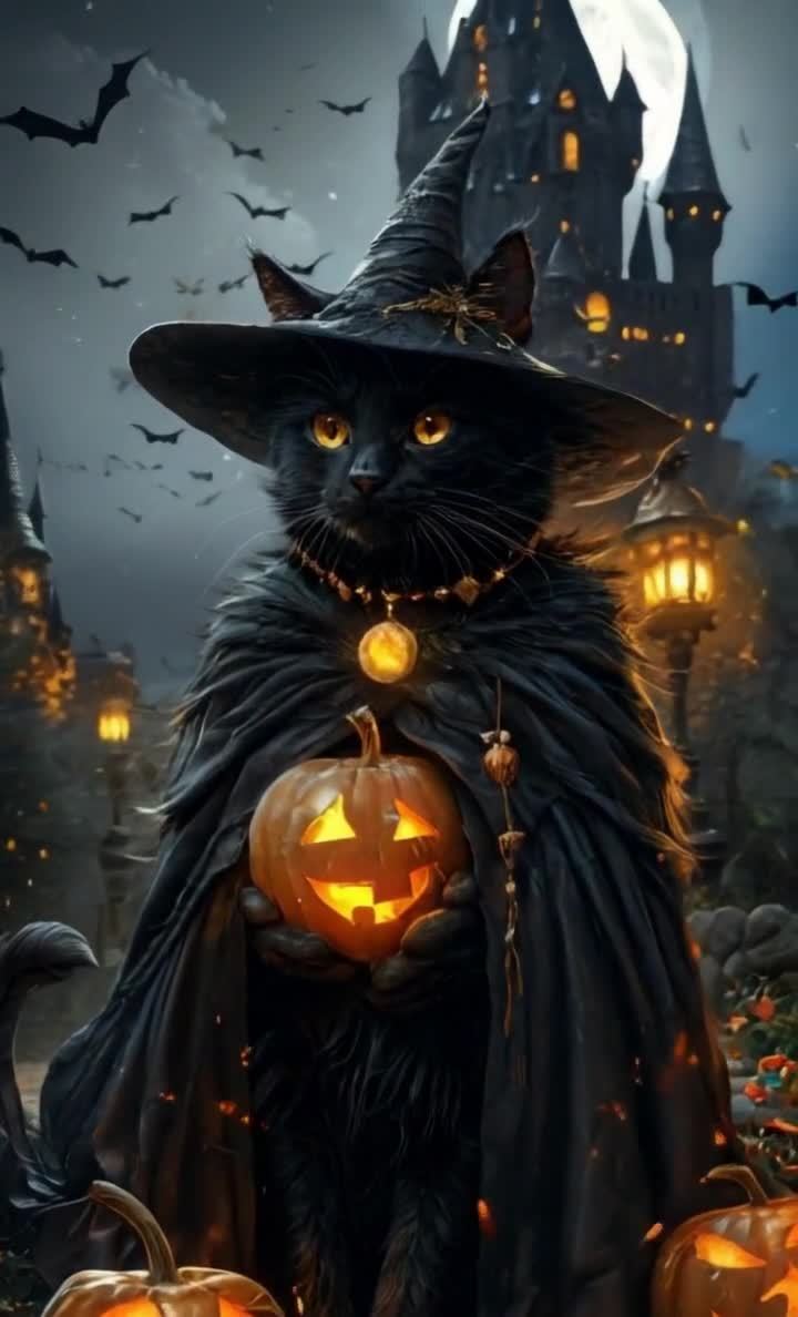 万圣节之夜：黑猫巫师与南瓜灯笼
