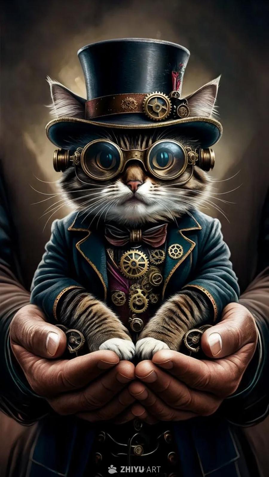 一只戴着高顶礼帽、齿轮和护目镜的蒸汽朋克风格的猫，