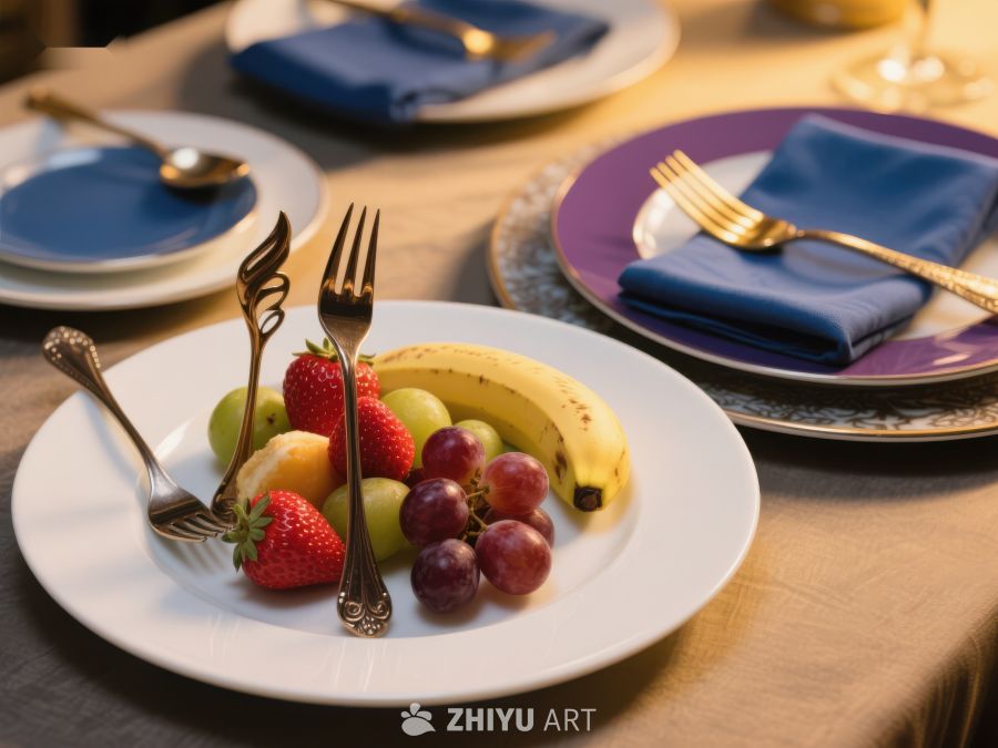 精致餐桌上的水果盘与餐具 290