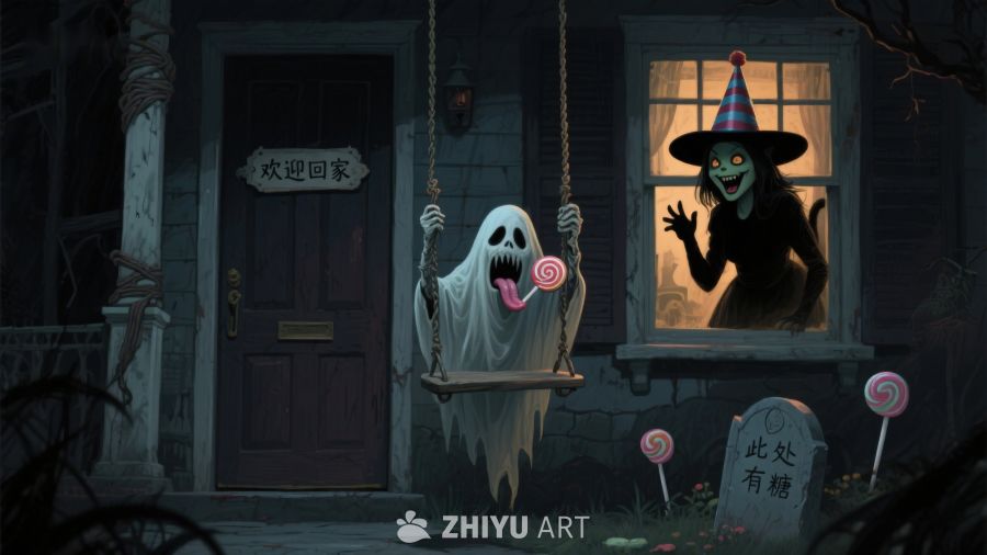 鬼屋门前的幽灵与女巫