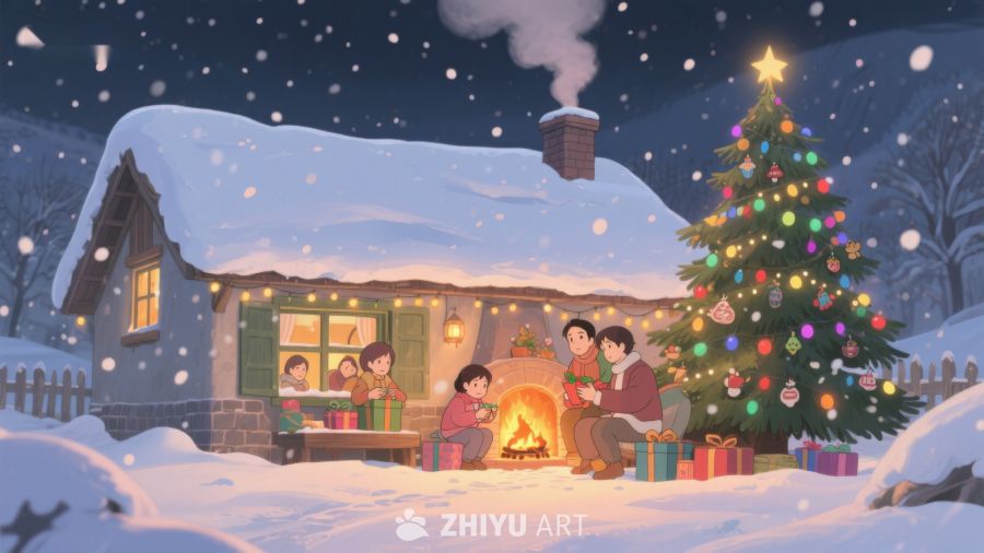 冬夜温馨家庭围炉圣诞树旁 77