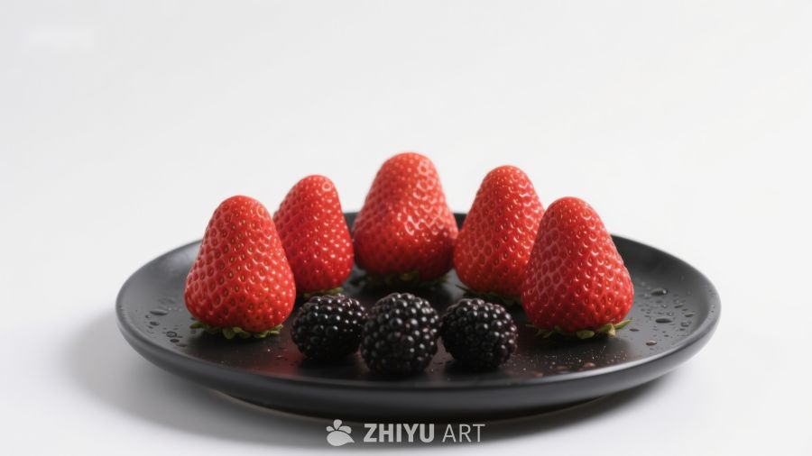 草莓与黑莓整齐排列于黑色盘中