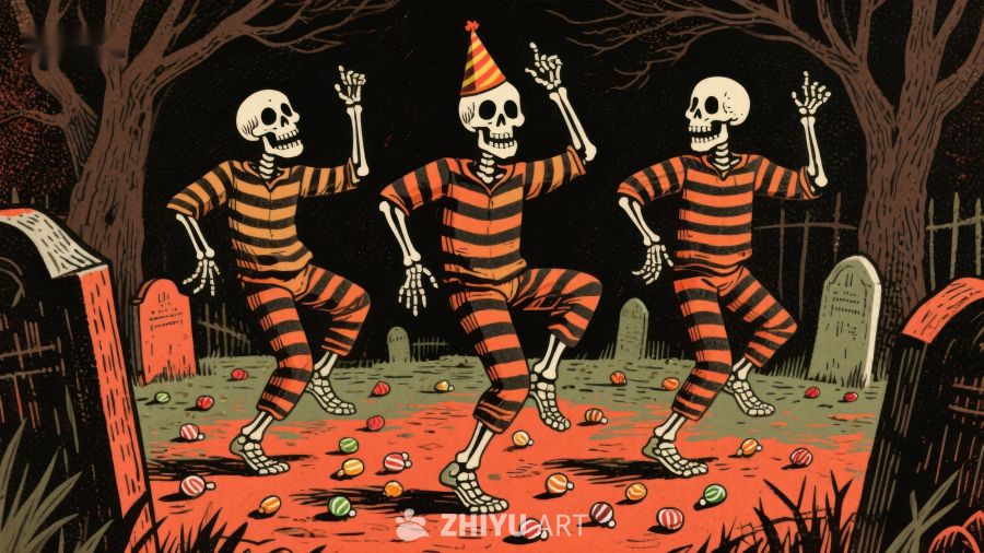 骷髅舞者在墓地狂欢