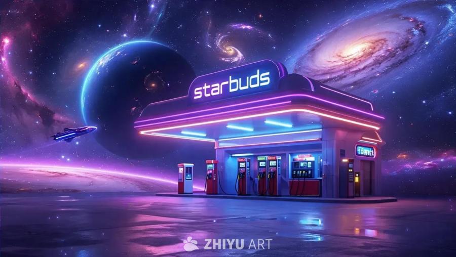 一个未来主义的太空加油站，上面写着“StarBud