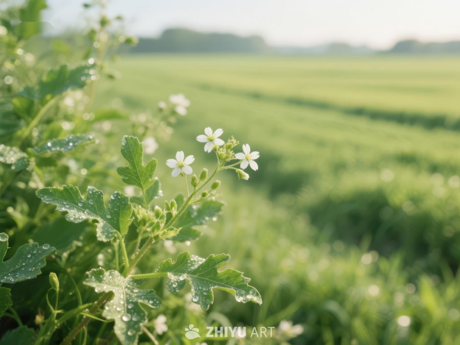 田野中的白色小花与绿叶 395