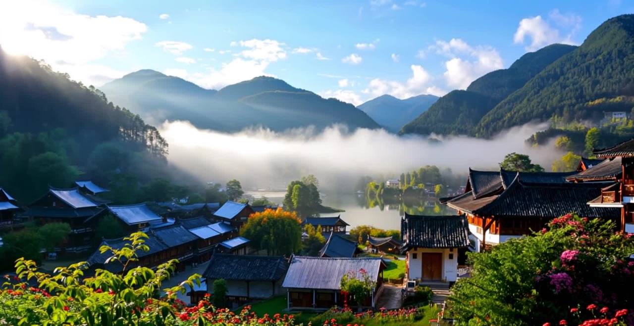 一座侗族山村沐浴在清晨的阳光中。画面中，薄雾笼罩着