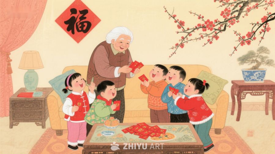 长辈分发红包，孩童欢庆新年 1258